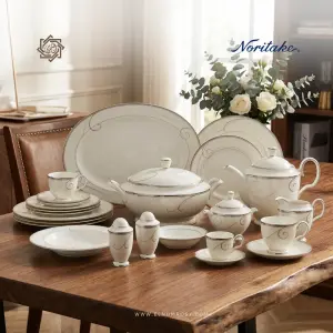 طقم سفرة نوريتاكي بورسلين ١١٢ قطعة – أبيض وفضي