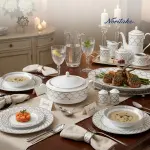 طقم سفرة نوريتاكي بورسلين ١١٢ قطعة – أبيض وفضي