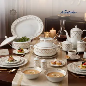 طقم سفرة نوريتاكي بورسلين ١١٢ قطعة – أبيض وذهبي