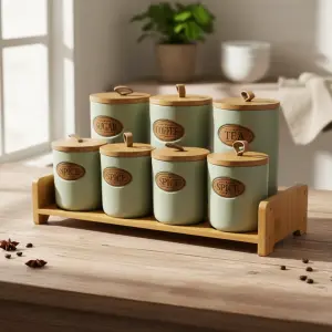 طقم توابل 7 قطعه من البورسلين بغطاء بامبو +استاند بامبو