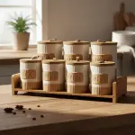 طقم توابل 7 قطعه من البورسلين بغطاء بامبو +استاند بامبو