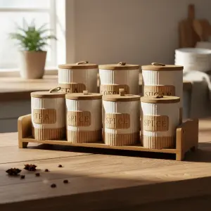 طقم توابل 7 قطعه من البورسلين بغطاء بامبو +استاند بامبو