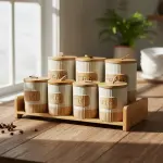 طقم توابل 7 قطعه من البورسلين بغطاء بامبو +استاند بامبو