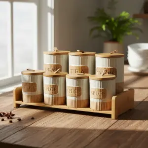 طقم توابل 7 قطعه من البورسلين بغطاء بامبو +استاند بامبو