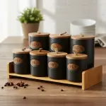 طقم توابل 7 قطعه من البورسلين بغطاء بامبو +استاند بامبو