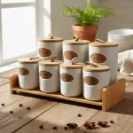 طقم توابل 7 قطعه من البورسلين بغطاء بامبو +استاند بامبو