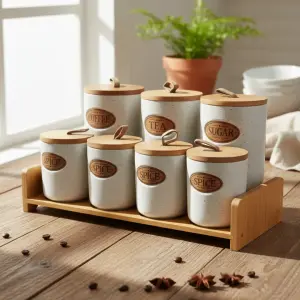 طقم توابل 7 قطعه من البورسلين بغطاء بامبو +استاند بامبو