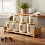 طقم توابل 7 قطعه من البورسلين بغطاء بامبو +استاند بامبو