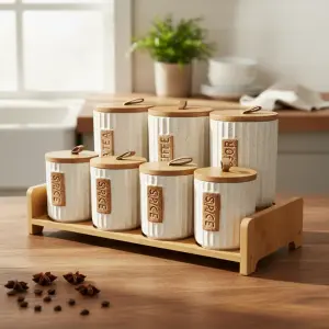 طقم توابل 7 قطعه من البورسلين بغطاء بامبو +استاند بامبو