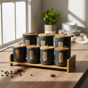 طقم توابل 7 قطعه من البورسلين بغطاء بامبو +استاند بامبو