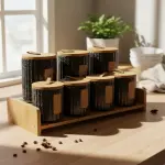 طقم توابل 7 قطعه من البورسلين بغطاء بامبو +استاند بامبو