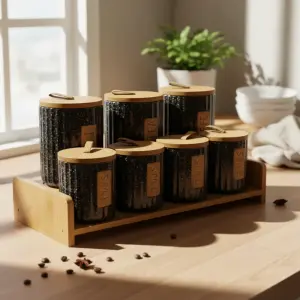 طقم توابل 7 قطعه من البورسلين بغطاء بامبو +استاند بامبو