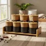 طقم توابل 7 قطعه من البورسلين بغطاء بامبو +استاند بامبو