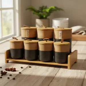 طقم توابل 7 قطعه من البورسلين بغطاء بامبو +استاند بامبو