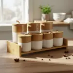 طقم توابل 7 قطعه من البورسلين بغطاء بامبو +استاند بامبو