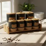 طقم توابل 7 قطعه من البورسلين بغطاء بامبو +استاند بامبو